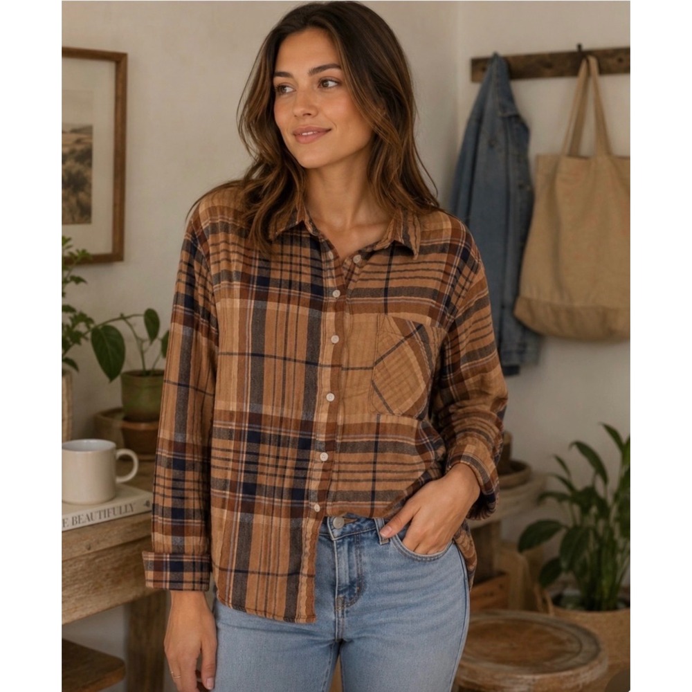 Aerie Brown Plaid Cotton Flannel Button Down Shirt Women's S